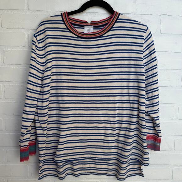 CAbi Women's Blue and Cream MultiColored Hem Striped 3/4 Sleeve Sweater sz M - Picture 1 of 7